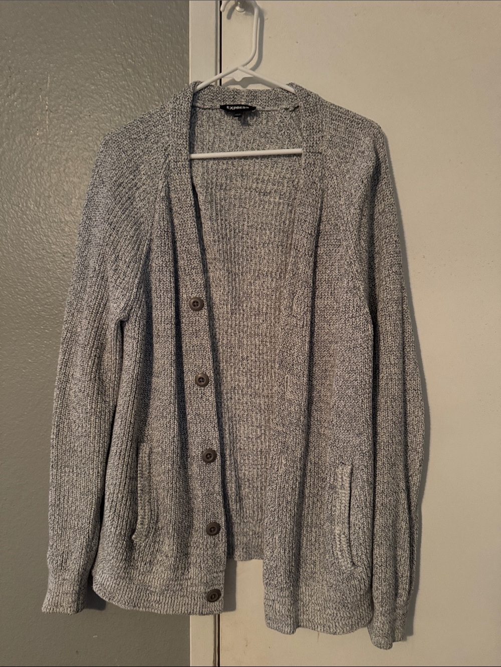 Express Heather Gray Button-Up Knit Cardigan